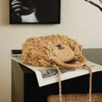 Chanel Women Mini Shopping Bag Raffia-Effect Fabric Wood & Gold-Tone Metal