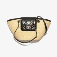 Chanel Women Small Shopping Bag Braided Straw Lambskin & Gold-Tone Metal