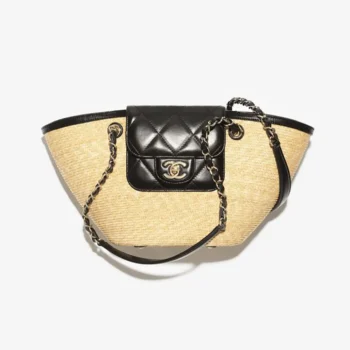 Chanel Women Small Shopping Bag Braided Straw Lambskin & Gold-Tone Metal