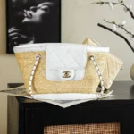 Chanel Women Small Shopping Bag Braided Straw Lambskin & Gold-Tone Metal