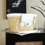 Chanel Women Small Shopping Bag Braided Straw Lambskin & Gold-Tone Metal