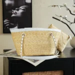 Chanel Women Small Shopping Bag Braided Straw Lambskin & Gold-Tone Metal