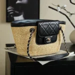 Chanel Women Small Shopping Bag Braided Straw Lambskin & Gold-Tone Metal