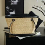 Chanel Women Small Shopping Bag Braided Straw Lambskin & Gold-Tone Metal