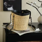 Chanel Women Small Shopping Bag Braided Straw Lambskin & Gold-Tone Metal