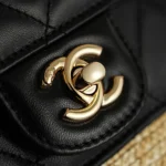 Chanel Women Small Shopping Bag Braided Straw Lambskin & Gold-Tone Metal