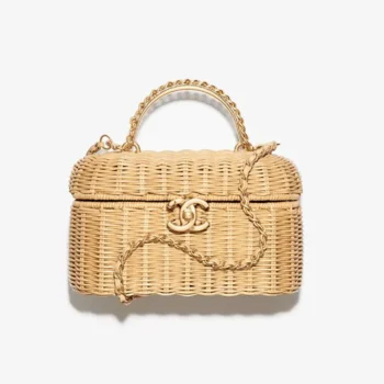 Chanel Women Vanity Case Braided Rattan & Gold-Tone Metal-Beige