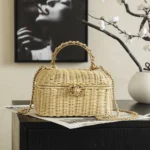 Chanel Women Vanity Case Braided Rattan & Gold-Tone Metal-Beige