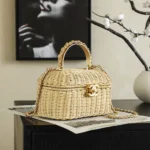 Chanel Women Vanity Case Braided Rattan & Gold-Tone Metal-Beige