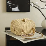 Chanel Women Vanity Case Braided Rattan & Gold-Tone Metal-Beige