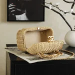 Chanel Women Vanity Case Braided Rattan & Gold-Tone Metal-Beige
