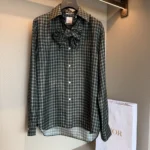 Dior Women Blouse with Removable Bow Tie Green Multicolor Check'n'Dior Silk Twill