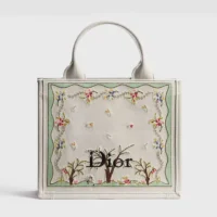 Dior Women Dioramour Small Dior Book Tote with Strap White Multicolor Revolution Flowers Embroidery