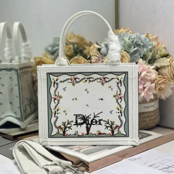Dior Women Dioramour Small Dior Book Tote with Strap White Multicolor Revolution Flowers Embroidery