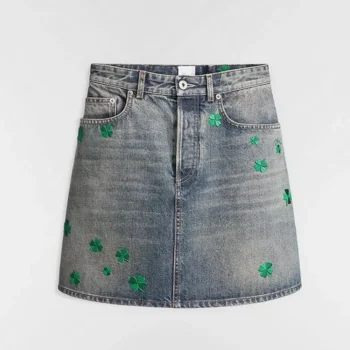 Dior Women Embroidered Miniskirt Blue Stonewashed Cotton Denim with Green Dior Clover Motif