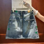 Dior Women Embroidered Miniskirt Blue Stonewashed Cotton Denim with Green Dior Clover Motif
