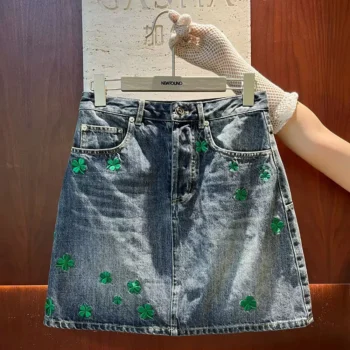 Dior Women Embroidered Miniskirt Blue Stonewashed Cotton Denim with Green Dior Clover Motif