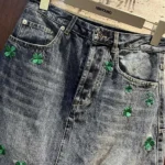 Dior Women Embroidered Miniskirt Blue Stonewashed Cotton Denim with Green Dior Clover Motif - Image 4