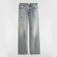 Dior Women Flared Embroidered Jeans Blue Stonewashed Cotton Denim with Green Dior Clover Motif