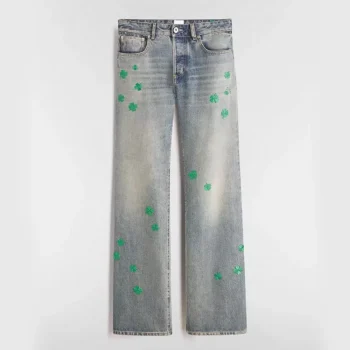 Dior Women Flared Embroidered Jeans Blue Stonewashed Cotton Denim with Green Dior Clover Motif