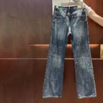 Dior Women Flared Embroidered Jeans Blue Stonewashed Cotton Denim with Green Dior Clover Motif