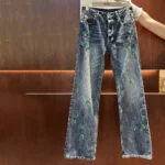 Dior Women Flared Embroidered Jeans Blue Stonewashed Cotton Denim with Green Dior Clover Motif