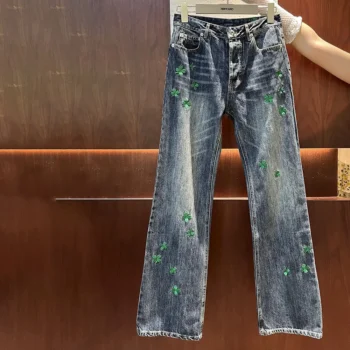 Dior Women Flared Embroidered Jeans Blue Stonewashed Cotton Denim with Green Dior Clover Motif