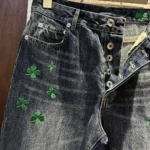 Dior Women Flared Embroidered Jeans Blue Stonewashed Cotton Denim with Green Dior Clover Motif