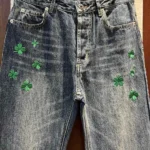 Dior Women Flared Embroidered Jeans Blue Stonewashed Cotton Denim with Green Dior Clover Motif