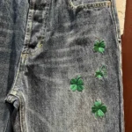 Dior Women Flared Embroidered Jeans Blue Stonewashed Cotton Denim with Green Dior Clover Motif