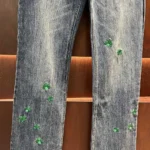 Dior Women Flared Embroidered Jeans Blue Stonewashed Cotton Denim with Green Dior Clover Motif