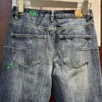 Dior Women Flared Embroidered Jeans Blue Stonewashed Cotton Denim with Green Dior Clover Motif