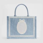 Dior Women Medium Dior Book Tote with Strap Blue Dior Oblique Embroidery with White Lace and Dior Médaillon