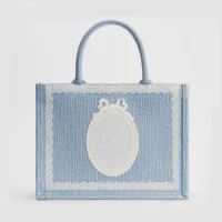 Dior Women Medium Dior Book Tote with Strap Blue Dior Oblique Embroidery with White Lace and Dior Médaillon