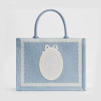 Dior Women Medium Dior Book Tote with Strap Blue Dior Oblique Embroidery with White Lace and Dior Médaillon