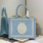 Dior Women Medium Dior Book Tote with Strap Blue Dior Oblique Embroidery with White Lace and Dior Médaillon