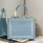 Dior Women Medium Dior Book Tote with Strap Blue Dior Oblique Embroidery with White Lace and Dior Médaillon