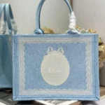 Dior Women Medium Dior Book Tote with Strap Blue Dior Oblique Embroidery with White Lace and Dior Médaillon