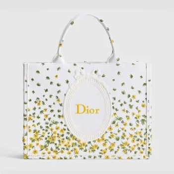 Dior Women Medium Dior Book Tote with Strap Buttercup Dior Embroidery and White Dior Médaillon