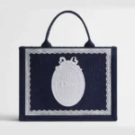 Dior Women Medium Dior Book Tote with Strap Celestial Blue Dior Oblique Embroidery with White Lace and Dior Médaillon