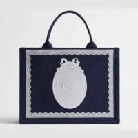 Dior Women Medium Dior Book Tote with Strap Celestial Blue Dior Oblique Embroidery with White Lace and Dior Médaillon