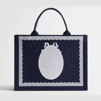 Dior Women Medium Dior Book Tote with Strap Celestial Blue Dior Oblique Embroidery with White Lace and Dior Médaillon