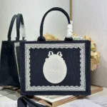 Dior Women Medium Dior Book Tote with Strap Celestial Blue Dior Oblique Embroidery with White Lace and Dior Médaillon
