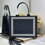 Dior Women Medium Dior Book Tote with Strap Celestial Blue Dior Oblique Embroidery with White Lace and Dior Médaillon