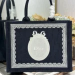 Dior Women Medium Dior Book Tote with Strap Celestial Blue Dior Oblique Embroidery with White Lace and Dior Médaillon
