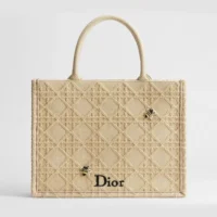 Dior Women Medium Dior Book Tote with Strap Natural Cannage Raffia-Effect Embroidery