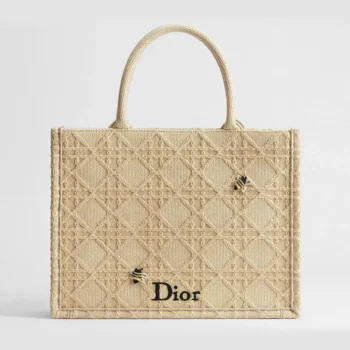 Dior Women Medium Dior Book Tote with Strap Natural Cannage Raffia-Effect Embroidery