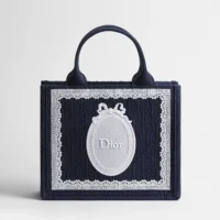 Dior Women Small Dior Book Tote with Strap Blue Dior Oblique Embroidery with White Lace and Dior Médaillon