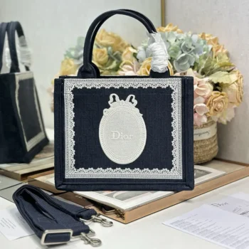 Dior Women Small Dior Book Tote with Strap Blue Dior Oblique Embroidery with White Lace and Dior Médaillon