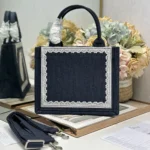 Dior Women Small Dior Book Tote with Strap Blue Dior Oblique Embroidery with White Lace and Dior Médaillon